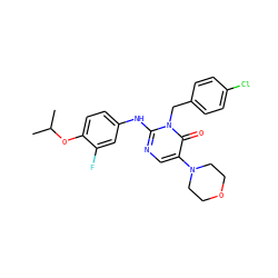 CC(C)Oc1ccc(Nc2ncc(N3CCOCC3)c(=O)n2Cc2ccc(Cl)cc2)cc1F ZINC000204090342