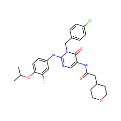 CC(C)Oc1ccc(Nc2ncc(NC(=O)CC3CCOCC3)c(=O)n2Cc2ccc(Cl)cc2)cc1F ZINC000204096072