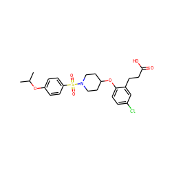 CC(C)Oc1ccc(S(=O)(=O)N2CCC(Oc3ccc(Cl)cc3CCC(=O)O)CC2)cc1 ZINC001772605112