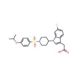 CC(C)Oc1ccc(S(=O)(=O)N2CCC(n3cc(CC(=O)O)c4ccc(F)cc43)CC2)cc1 ZINC000169699813