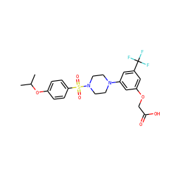 CC(C)Oc1ccc(S(=O)(=O)N2CCN(c3cc(OCC(=O)O)cc(C(F)(F)F)c3)CC2)cc1 ZINC001772574680