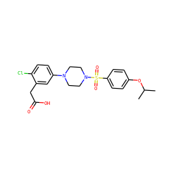 CC(C)Oc1ccc(S(=O)(=O)N2CCN(c3ccc(Cl)c(CC(=O)O)c3)CC2)cc1 ZINC001772597169
