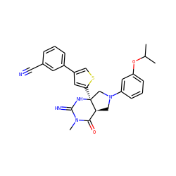 CC(C)Oc1cccc(N2C[C@H]3C(=O)N(C)C(=N)N[C@@]3(c3cc(-c4cccc(C#N)c4)cs3)C2)c1 ZINC000095575010