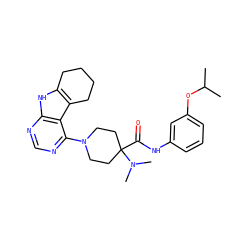 CC(C)Oc1cccc(NC(=O)C2(N(C)C)CCN(c3ncnc4[nH]c5c(c34)CCCC5)CC2)c1 ZINC000653841630