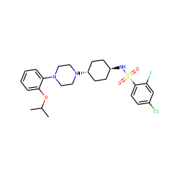 CC(C)Oc1ccccc1N1CCN([C@H]2CC[C@H](NS(=O)(=O)c3ccc(Cl)cc3F)CC2)CC1 ZINC000101093460