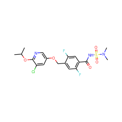 CC(C)Oc1ncc(OCc2cc(F)c(C(=O)NS(=O)(=O)N(C)C)cc2F)cc1Cl ZINC000207540944
