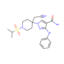 CC(C)S(=O)(=O)N1CCC(CC#N)(n2cc(C(N)=O)c(Nc3ccccc3)n2)CC1 ZINC000218410728