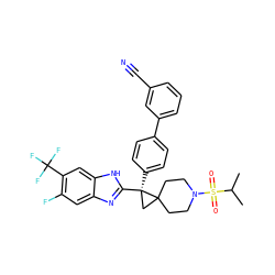 CC(C)S(=O)(=O)N1CCC2(CC1)C[C@@]2(c1ccc(-c2cccc(C#N)c2)cc1)c1nc2cc(F)c(C(F)(F)F)cc2[nH]1 ZINC000038157821