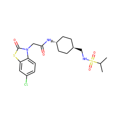 CC(C)S(=O)(=O)NC[C@H]1CC[C@H](NC(=O)Cn2c(=O)sc3cc(Cl)ccc32)CC1 ZINC000261077782