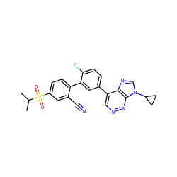 CC(C)S(=O)(=O)c1ccc(-c2cc(-c3cnnc4c3ncn4C3CC3)ccc2F)c(C#N)c1 ZINC000218113417
