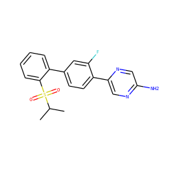 CC(C)S(=O)(=O)c1ccccc1-c1ccc(-c2cnc(N)cn2)c(F)c1 ZINC000224819304