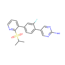 CC(C)S(=O)(=O)c1ncccc1-c1ccc(-c2cnc(N)nc2)c(F)c1 ZINC000224686487