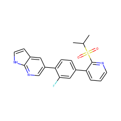 CC(C)S(=O)(=O)c1ncccc1-c1ccc(-c2cnc3[nH]ccc3c2)c(F)c1 ZINC000224754818