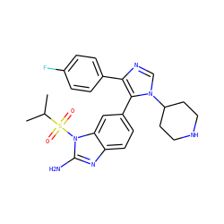 CC(C)S(=O)(=O)n1c(N)nc2ccc(-c3c(-c4ccc(F)cc4)ncn3C3CCNCC3)cc21 ZINC000013641315
