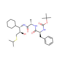 CC(C)SC[C@H](O)[C@@H](NC(=O)[C@H](C)NC(=O)[C@H](Cc1ccccc1)NC(=O)OC(C)(C)C)C1CCCCC1 ZINC000027620300