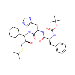 CC(C)SC[C@H](O)[C@@H](NC(=O)[C@H](Cc1c[nH]cn1)NC(=O)[C@H](Cc1ccccc1)NC(=O)OC(C)(C)C)C1CCCCC1 ZINC000027624845