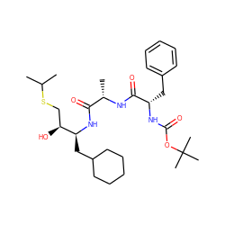 CC(C)SC[C@H](O)[C@H](CC1CCCCC1)NC(=O)[C@H](C)NC(=O)[C@H](Cc1ccccc1)NC(=O)OC(C)(C)C ZINC000026268736