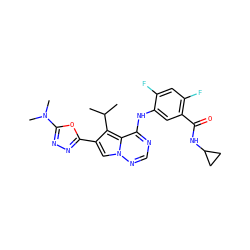 CC(C)c1c(-c2nnc(N(C)C)o2)cn2ncnc(Nc3cc(C(=O)NC4CC4)c(F)cc3F)c12 ZINC000029128170