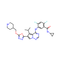 CC(C)c1c(-c2nnc(OCC3CCNCC3)o2)cn2ncnc(Nc3cc(C(=O)NC4CC4)c(F)cc3F)c12 ZINC000029127816