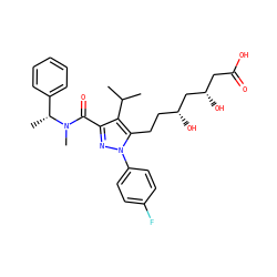CC(C)c1c(C(=O)N(C)[C@H](C)c2ccccc2)nn(-c2ccc(F)cc2)c1CC[C@@H](O)C[C@@H](O)CC(=O)O ZINC000014974373