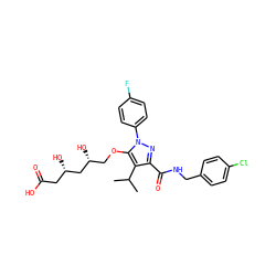 CC(C)c1c(C(=O)NCc2ccc(Cl)cc2)nn(-c2ccc(F)cc2)c1OC[C@@H](O)C[C@@H](O)CC(=O)O ZINC000014967894