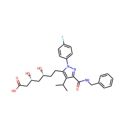 CC(C)c1c(C(=O)NCc2ccccc2)nn(-c2ccc(F)cc2)c1CC[C@@H](O)C[C@@H](O)CC(=O)O ZINC000014974326