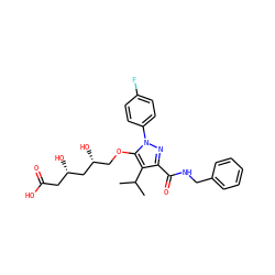 CC(C)c1c(C(=O)NCc2ccccc2)nn(-c2ccc(F)cc2)c1OC[C@@H](O)C[C@@H](O)CC(=O)O ZINC000014967851