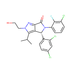 CC(C)c1c2c(nn1CCO)C(=O)N(c1cccc(Cl)c1F)[C@@H]2c1ccc(Cl)cc1Cl ZINC000206156028