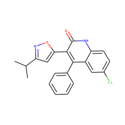 CC(C)c1cc(-c2c(-c3ccccc3)c3cc(Cl)ccc3[nH]c2=O)on1 ZINC000029126652