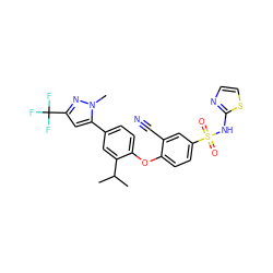 CC(C)c1cc(-c2cc(C(F)(F)F)nn2C)ccc1Oc1ccc(S(=O)(=O)Nc2nccs2)cc1C#N ZINC000095585588