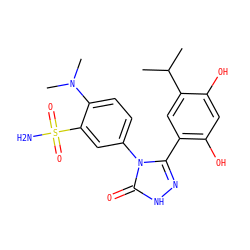 CC(C)c1cc(-c2n[nH]c(=O)n2-c2ccc(N(C)C)c(S(N)(=O)=O)c2)c(O)cc1O ZINC000115807233