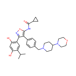 CC(C)c1cc(-c2noc(NC(=O)C3CC3)c2-c2ccc(CN3CCC(N4CCOCC4)CC3)cc2)c(O)cc1O ZINC000299836528