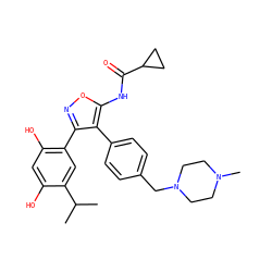 CC(C)c1cc(-c2noc(NC(=O)C3CC3)c2-c2ccc(CN3CCN(C)CC3)cc2)c(O)cc1O ZINC000299838950