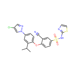 CC(C)c1cc(-n2cc(Cl)cn2)ccc1Oc1ccc(S(=O)(=O)Nc2nccs2)cc1C#N ZINC000095585031