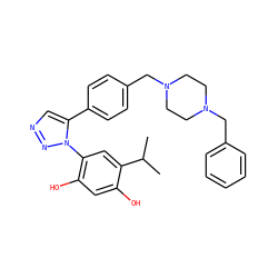 CC(C)c1cc(-n2nncc2-c2ccc(CN3CCN(Cc4ccccc4)CC3)cc2)c(O)cc1O ZINC000169311403