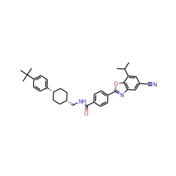 CC(C)c1cc(C#N)cc2nc(-c3ccc(C(=O)NC[C@H]4CC[C@@H](c5ccc(C(C)(C)C)cc5)CC4)cc3)oc12 ZINC000101413300