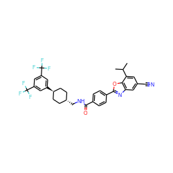 CC(C)c1cc(C#N)cc2nc(-c3ccc(C(=O)NC[C@H]4CC[C@H](c5cc(C(F)(F)F)cc(C(F)(F)F)c5)CC4)cc3)oc12 ZINC000101413284
