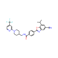 CC(C)c1cc(C#N)cc2nc(-c3ccc(C(=O)NCC4CCN(c5cc(C(F)(F)F)ccn5)CC4)cc3)oc12 ZINC000066066379