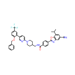 CC(C)c1cc(C#N)cc2nc(-c3ccc(C(=O)NCC4CCN(c5ccc(-c6cc(C(F)(F)F)ccc6OCc6ccccc6)cn5)CC4)cc3)oc12 ZINC000072123764