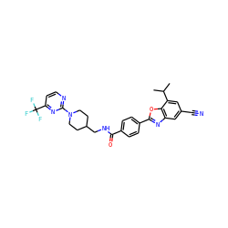 CC(C)c1cc(C#N)cc2nc(-c3ccc(C(=O)NCC4CCN(c5nccc(C(F)(F)F)n5)CC4)cc3)oc12 ZINC000066112638