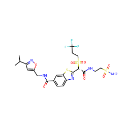 CC(C)c1cc(CNC(=O)c2ccc3nc([C@@H](C(=O)NCCS(N)(=O)=O)S(=O)(=O)CCC(F)(F)F)sc3c2)on1 ZINC000261104252