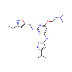 CC(C)c1cc(CNc2nc(Nc3cc(C(C)C)[nH]n3)cc(OCCN(C)C)n2)on1 ZINC000117124277