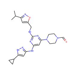 CC(C)c1cc(CNc2nc(Nc3cc(C4CC4)[nH]n3)cc(N3CCN(C=O)CC3)n2)on1 ZINC000117132538