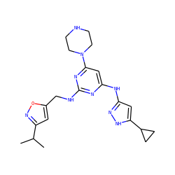 CC(C)c1cc(CNc2nc(Nc3cc(C4CC4)[nH]n3)cc(N3CCNCC3)n2)on1 ZINC000141953535