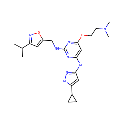 CC(C)c1cc(CNc2nc(Nc3cc(C4CC4)[nH]n3)cc(OCCN(C)C)n2)on1 ZINC000166354900