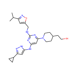 CC(C)c1cc(CNc2nc(Nc3cc(C4CC4)n[nH]3)cc(N3CCC(CCO)CC3)n2)on1 ZINC000117127144