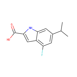 CC(C)c1cc(F)c2cc(C(=O)O)[nH]c2c1 ZINC001772598302