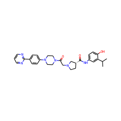 CC(C)c1cc(NC(=O)[C@@H]2CCN(CC(=O)N3CCN(c4ccc(-c5ncccn5)cc4)CC3)C2)ccc1O ZINC000148790029