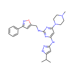 CC(C)c1cc(Nc2cc(N3CCN(C)CC3)nc(NCc3cc(-c4ccccc4)no3)n2)n[nH]1 ZINC000203003071