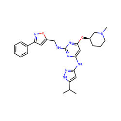 CC(C)c1cc(Nc2cc(O[C@@H]3CCCN(C)C3)nc(NCc3cc(-c4ccccc4)no3)n2)n[nH]1 ZINC000140136277